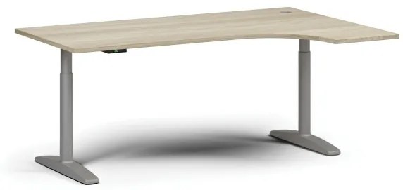 Výškovo nastaviteľný stôl OBOL, elektrický, 675-1325 mm, rohový pravý, doska 1800x1200 mm, sivá zaoblená podnož, dub prírodný