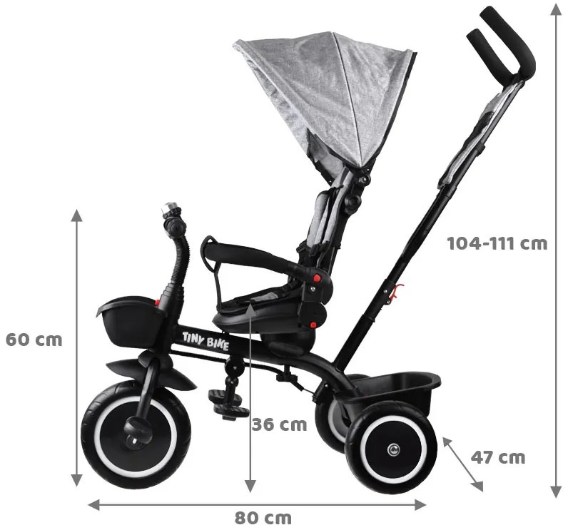 Jokomisiada Trojkolka Tiny Bike 3v1 so strieškou – sivý