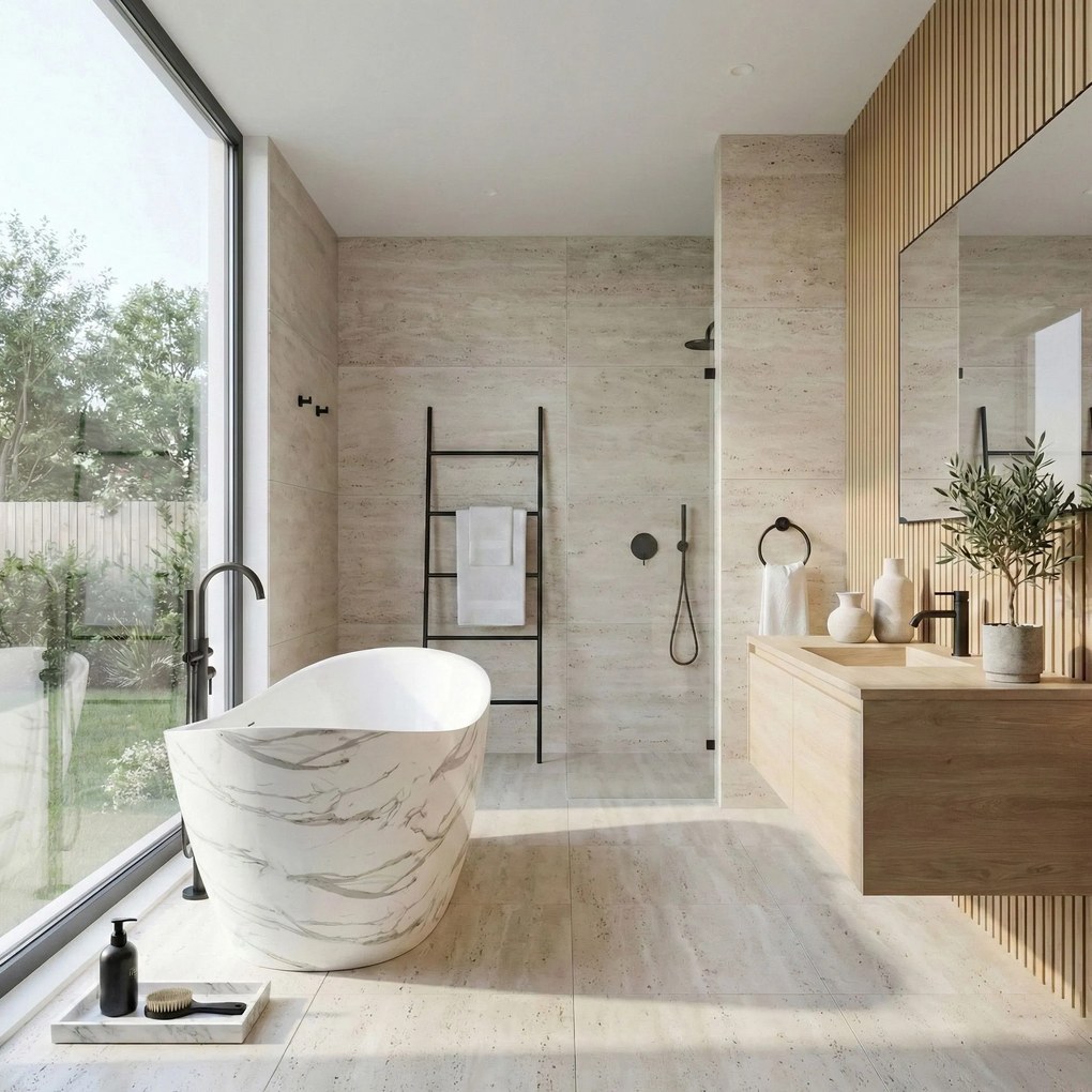 Rea Ferrano Slim, voľne stojaca vaňa 170x73 cm, imitácia kameňa, medený click-clack, KPL-W8505