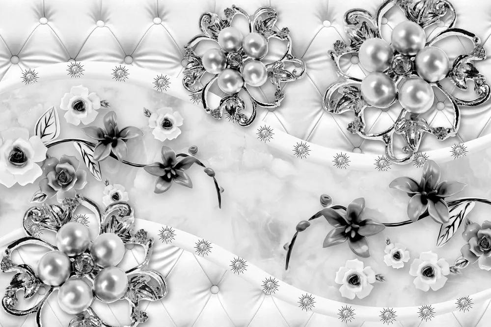 Tapeta čiernobiele elegantné šperky s kvetmi