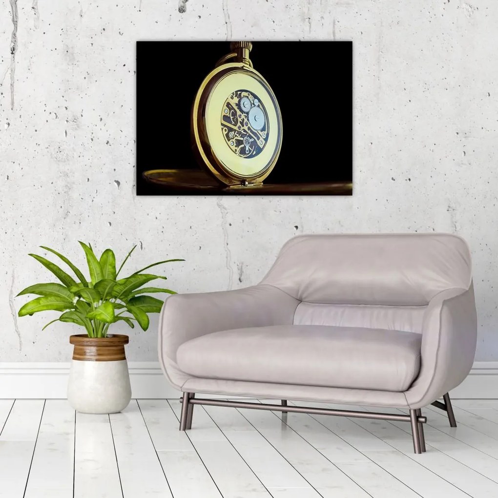 Sklenený obraz zlatých vreckových hodiniek (70x50 cm)