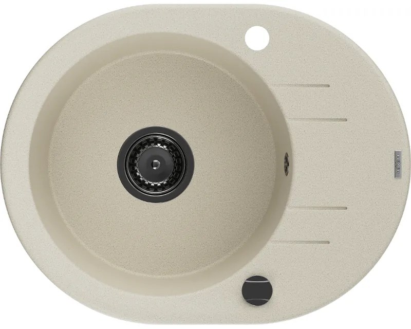 Mexen Kevin, granitový drez 586x458x190 mm, 1-komorový, béžová s čiernym sifónom, 6517581005-69-B