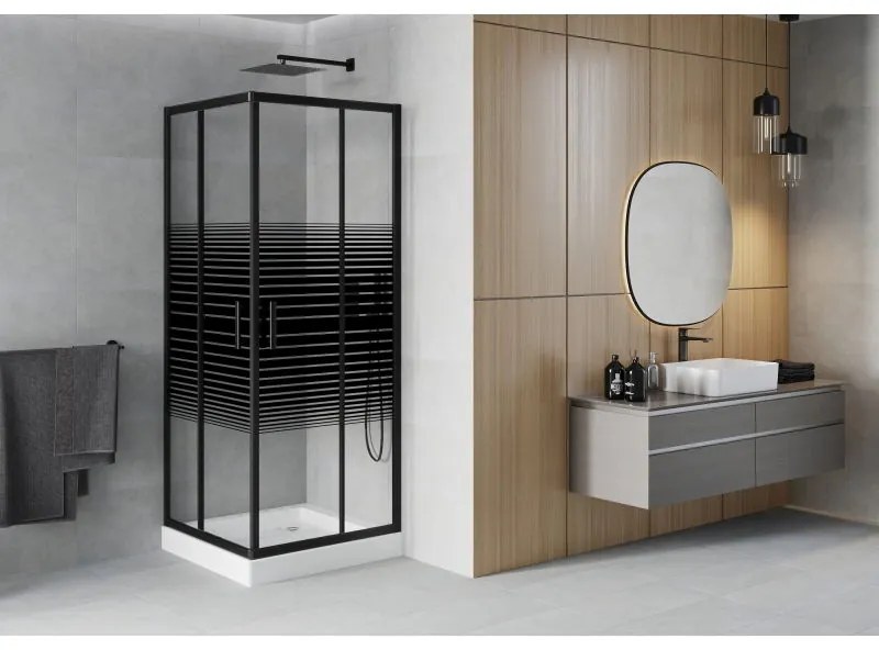 Mexen Rio, štvorcový sprchovací kút s posuvnými dverami 70(dvere) x 70(dvere) x 190 cm, 6mm číre sklo s pásikmi, čierny profil + biela sprchová vanička RIO, 860-070-070-70-20-4510