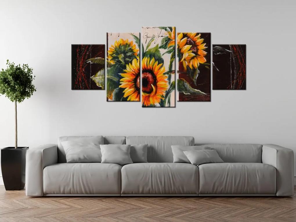 Gario Ručne maľovaný obraz Skromné slnečnice - 5 dielny Rozmery: 150 x 105 cm
