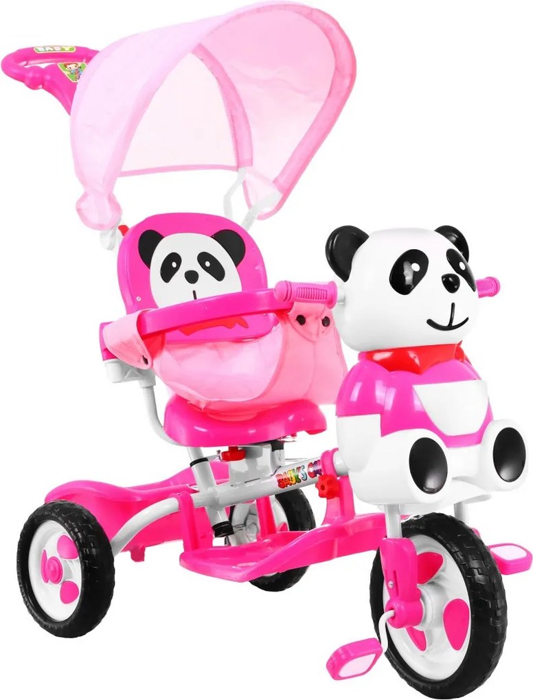 Ramiz Detský trojkolesový bicykel Panda Ružová + zvuky + strieška + zábrana + opierka na nohy + rukoväť + úložný priestor