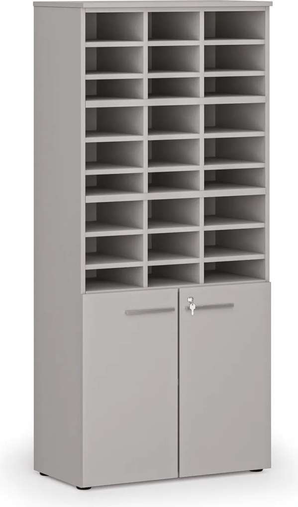 Triediaci regál s dverami PRIMO GRAY, 800 x 420 x 1781 mm, 27 priehradok, sivý