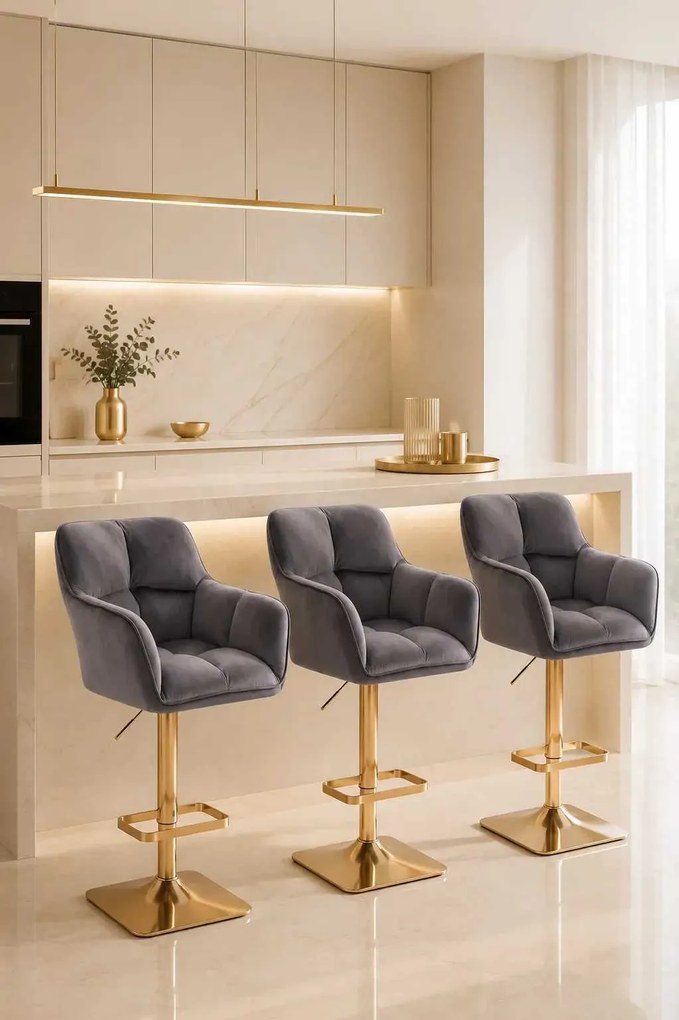 LuxuryForm DESIGN Barová stolička AMALFI VELUR na zlatej hranatej podstave - tmavosivá