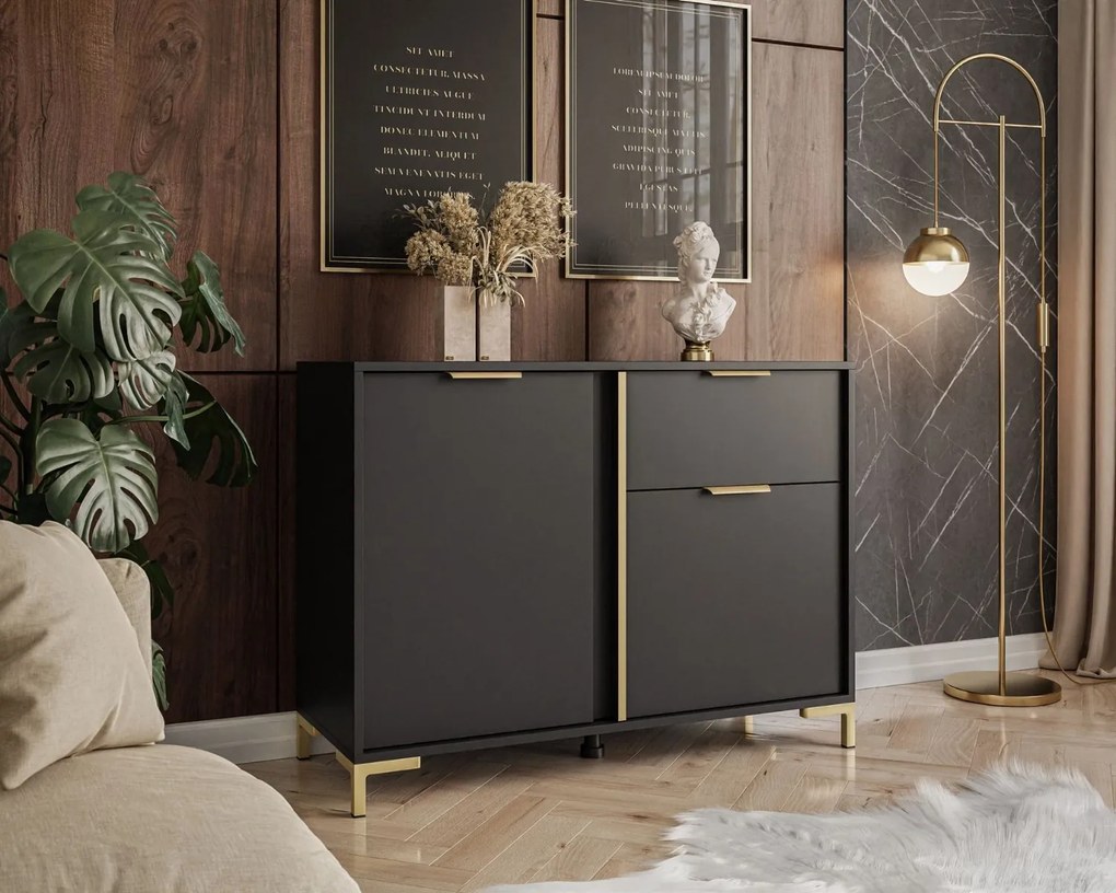 KOMODA LOREEN TMAVOŠEDÁ + ZLATÁ SO ŠUPLÍKOM NA NOŽIČKÁCH 103 cm