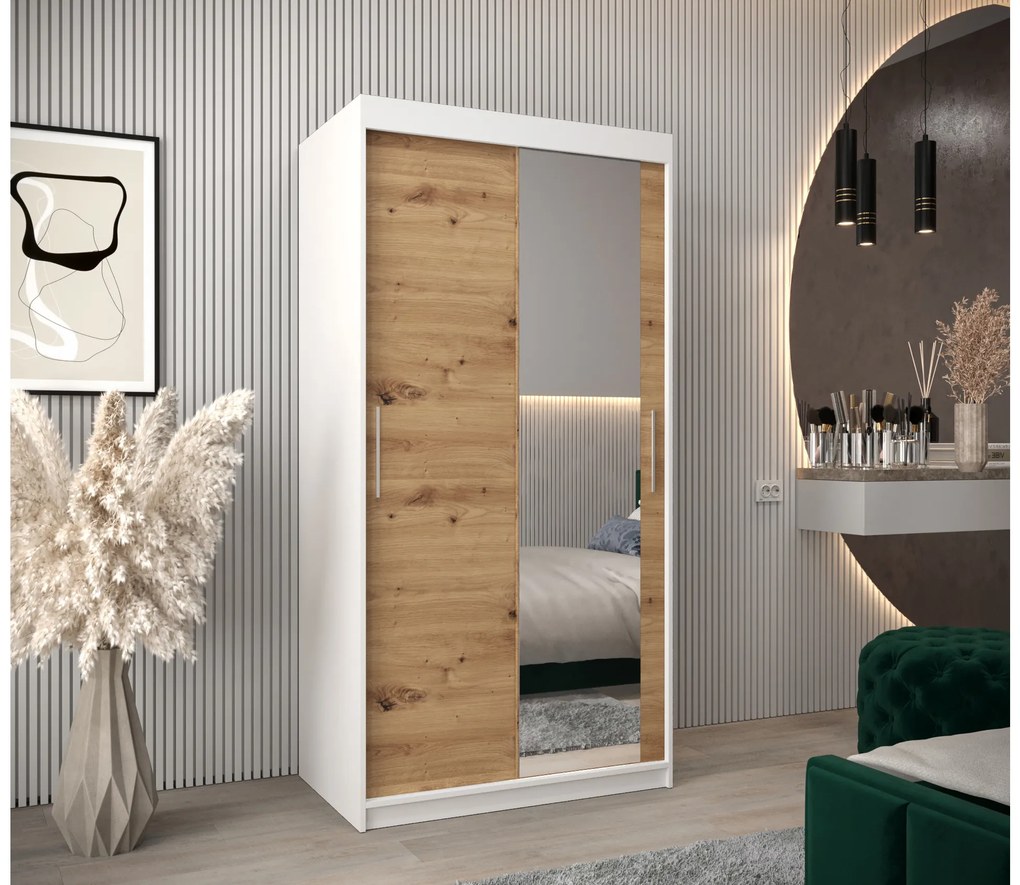 Šatníková skriňa 100 cm Toki 2 (Biela matná + Dub artisan). Akcia -65%. Vlastná spoľahlivá doprava až k Vám domov. 1064959