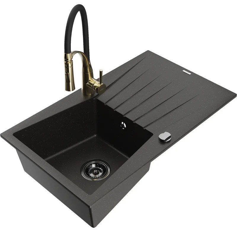 Mexen Cesar, 1-komorový granitový drez 775x470x190 mm a drezová batéria Aster, čierna-zlatá metalíza, 6514-75-73450-57-B