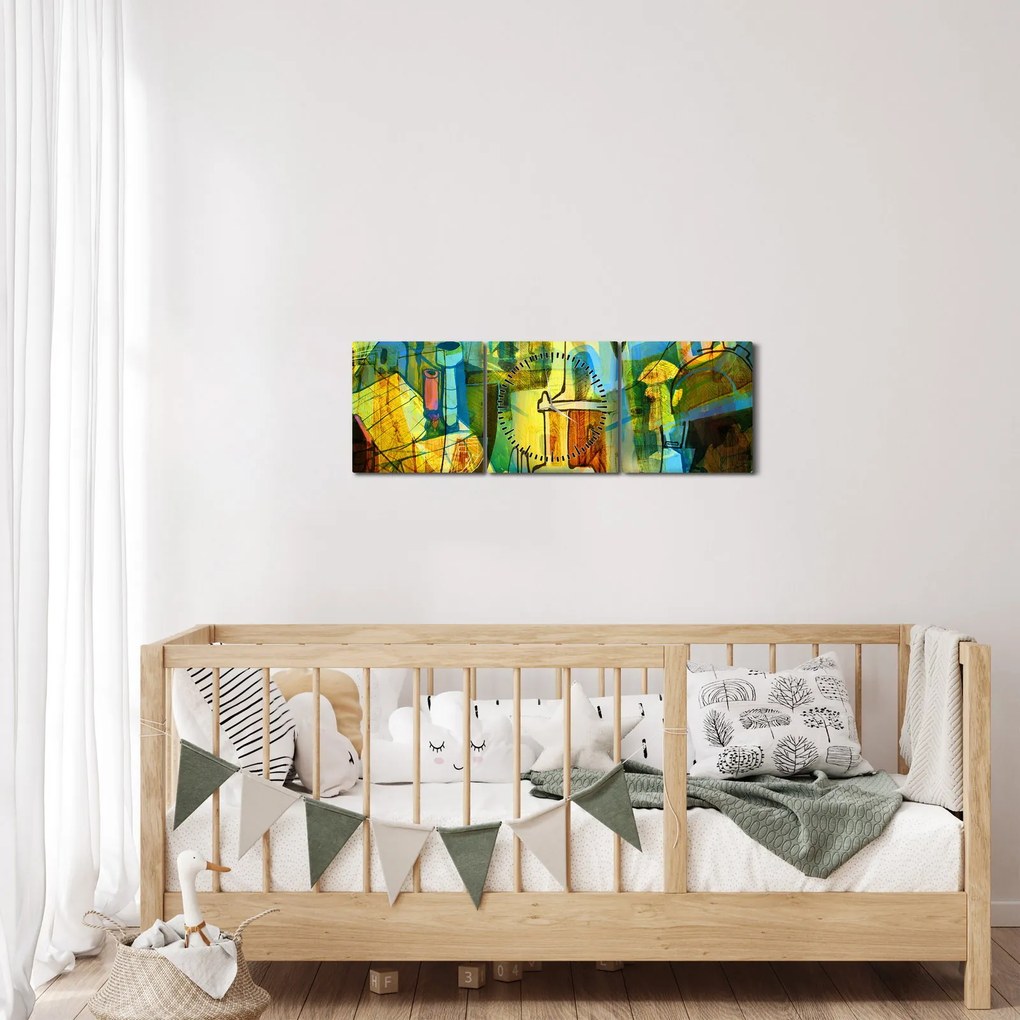 Obraz - Architektúra, kubistická abstrakcia (s hodinami) (90x30 cm)