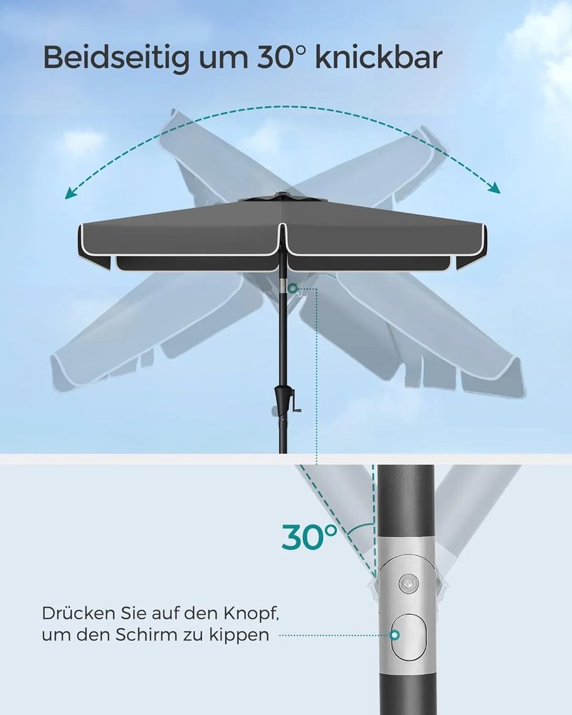 Slnečník 200 × 150 cm, obdĺžnikový balkónový slnečník, ochrana pred slnkom UPF 50+, bez podstavca, šedý