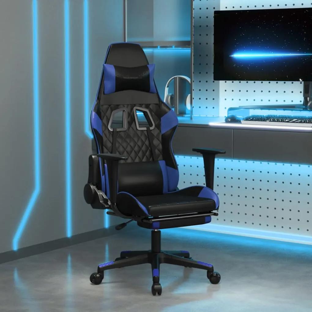 Herná stolička s podnožkou čierna a modrá umelá koža