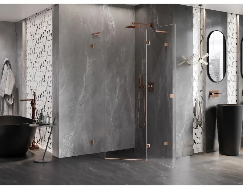 Mexen Lunar, L pravý výklopný päťuholníkový sprchový kút 100x100 cm, 8mm číre sklo, profil medená matná, 831L-100P-100L-65-00-P