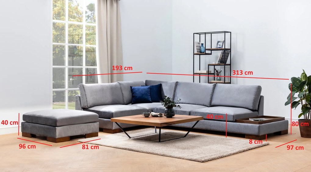 Tulipán Rohový Ľavý s Pouf - Tmavošedý