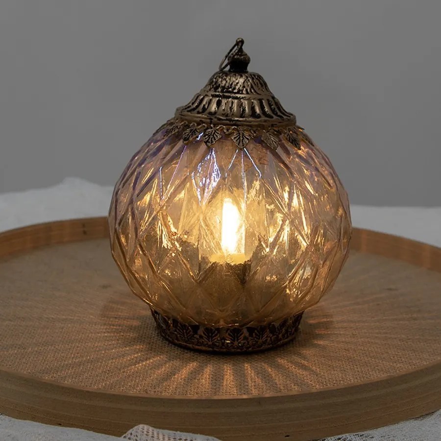 Medená sklenená svietiaca LED lampáš Balli - Ø 15*19 cm