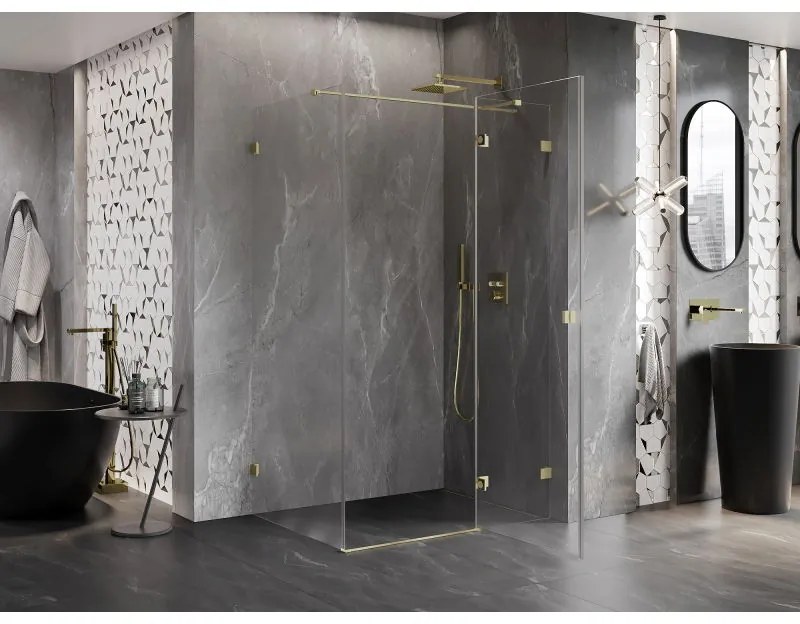 Mexen Lunar T, výklopný sprchový kút pravý 135 x 120 cm, 8mm číre sklo, zlatý matný profil, 834T-135-120-55-00-P