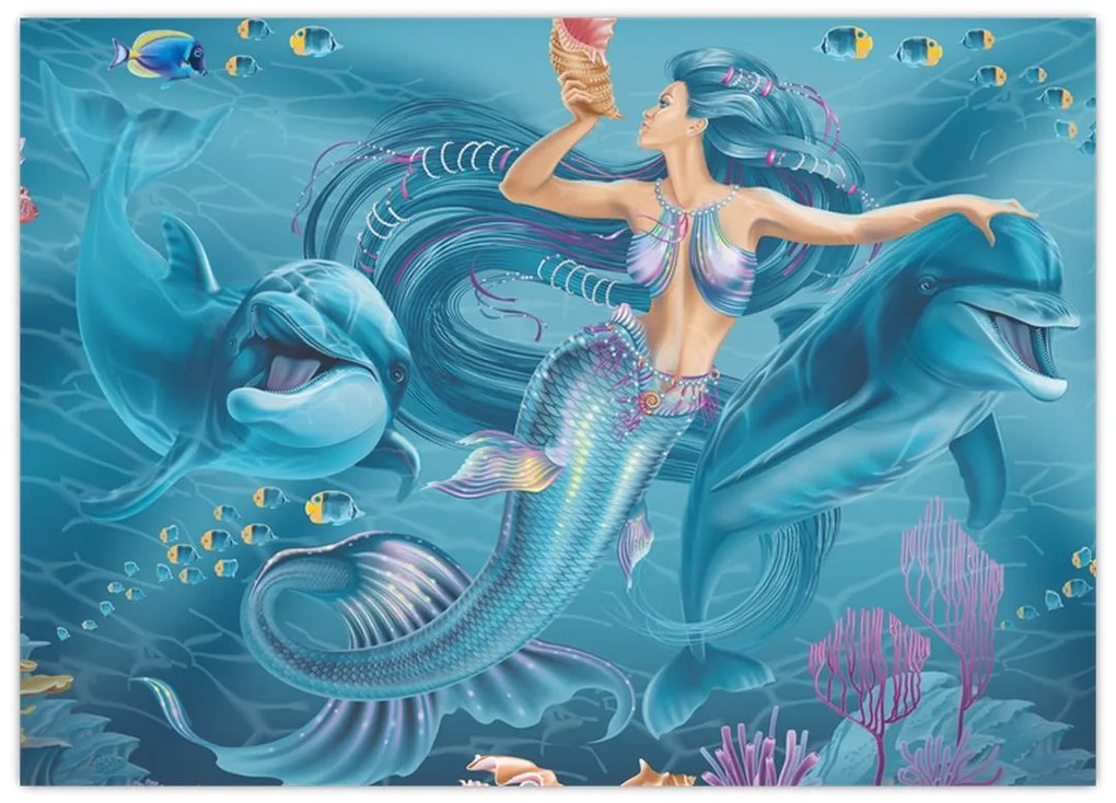 Sklenený obraz - Morská víla s delfínmi (70x50 cm)