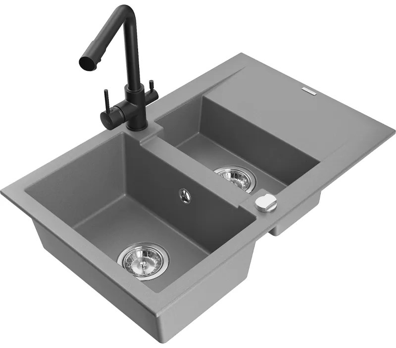 Mexen Gaspar, granitový drez 737x475x177 mm, 1,5-komorový, čierna batéria Duero, šedá, 6507-71-671600-70