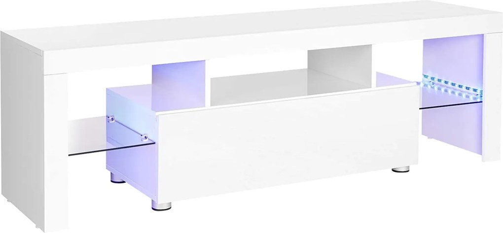 VASAGLE TV stolík biely farebné LED podsvietenie 140 x 45 x 35 cm