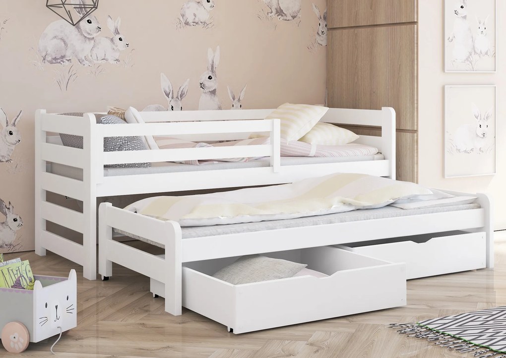 Detská posteľ z masívu borovice s prístelkou a šuplíky SANDRA - 200x90 cm - BIELA