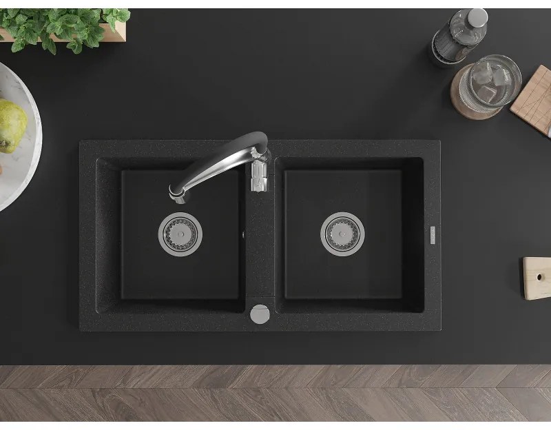 Mexen Mario, granitový drez 820x436x161 mm, 2-komorový a drezová batéria Aster, čierna-strieborná metalíza, 6504-73-73450-07