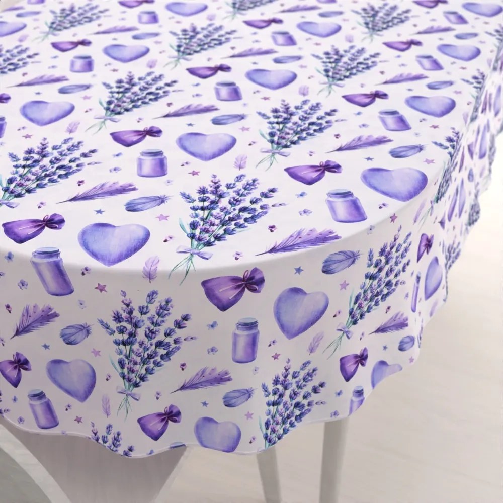 Biante Dekoračný oválny obrus PML-055 Levandule a srdcia na bielom 140x180 cm