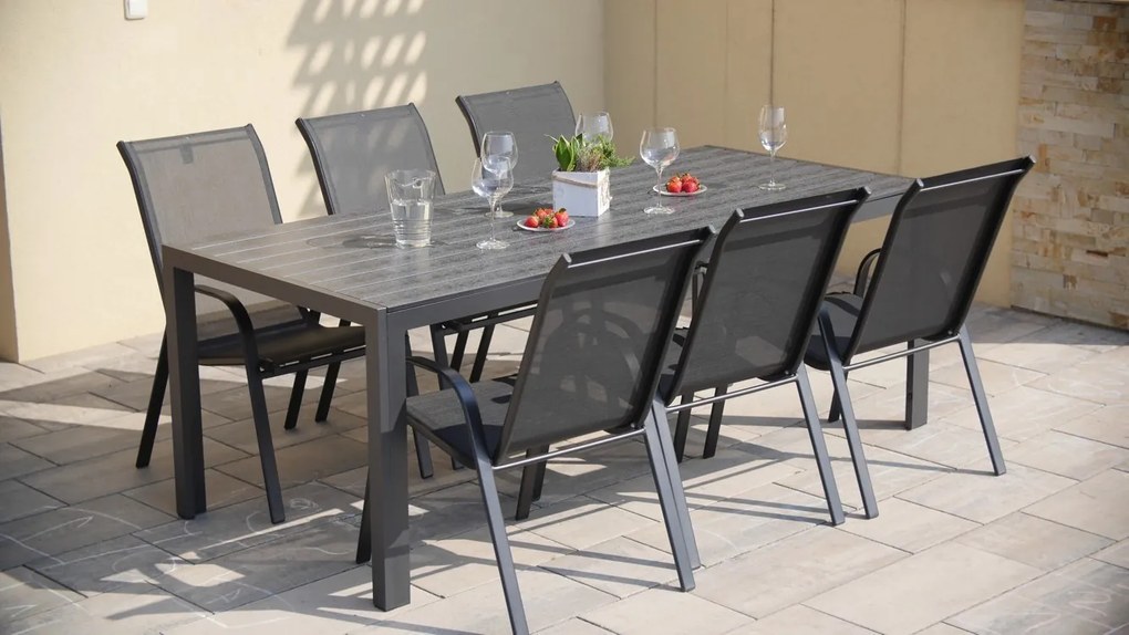 TEXIM Záhradná jedálenská zostava - stôl VIKING XL + 6x stolička RAMADA, hliník + umelé drevo / oceľ + textil