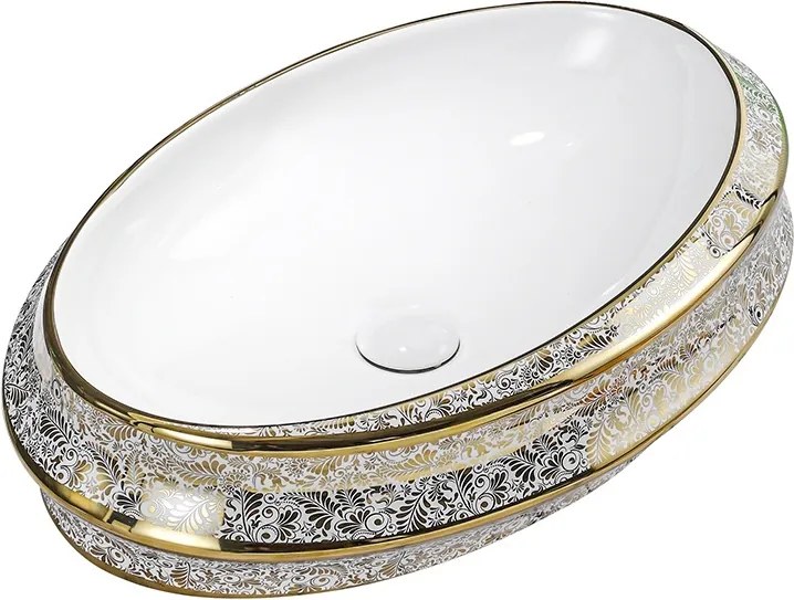 BPS-koupelny Keramické umývadlo na dosku HYD-YO-WH-MOD5-GL-600 60x40 cm, biele/zlatý dekor