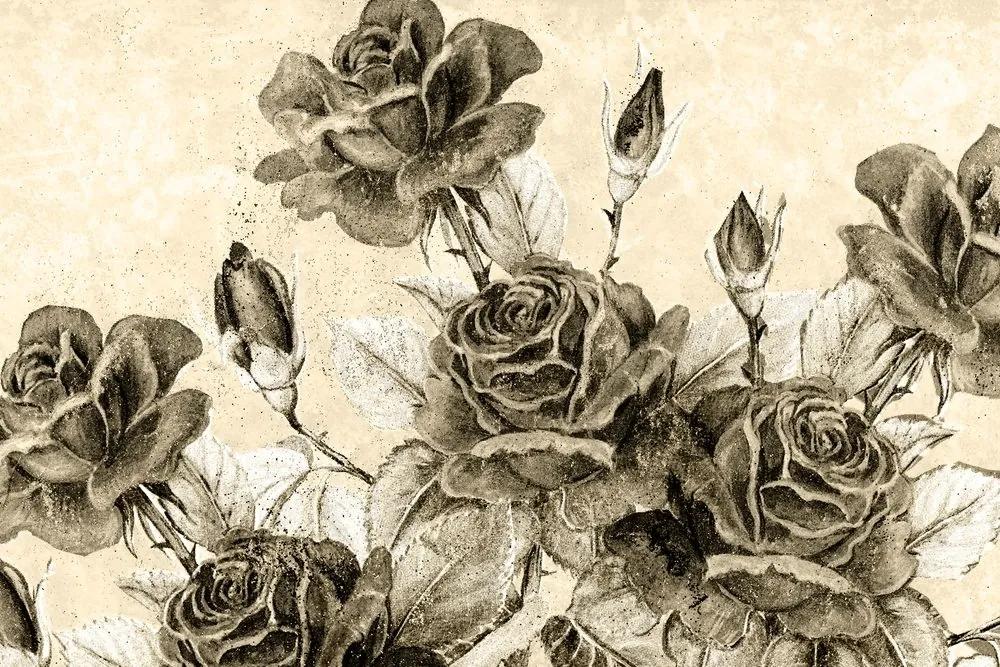 Obraz vintage kytica ruží v sépiovom prevedení - 120x80