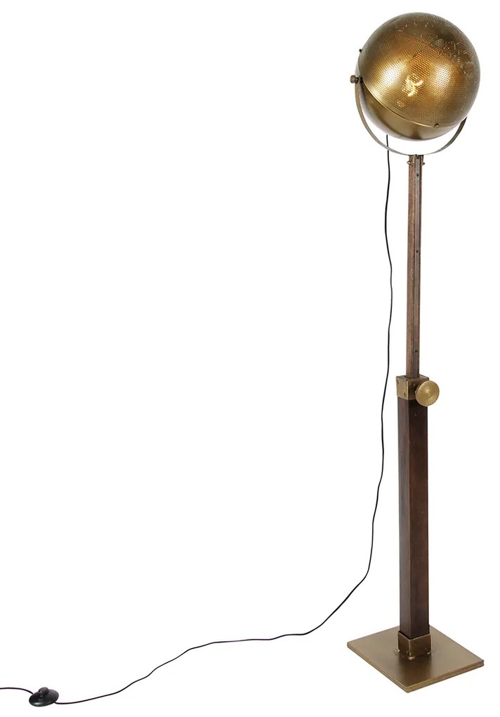 Priemyselná stojaca lampa bronzová s dreveným nastaviteľným - Haicha
