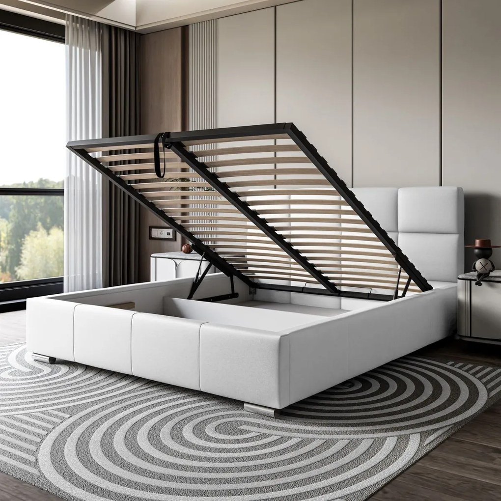 LUISI 180X200 ČALÚNENÁ MANŽELSKÁ POSTEĽ BIELA EKO-KOŽA S ÚLOŽNÝM PRIESTOROM