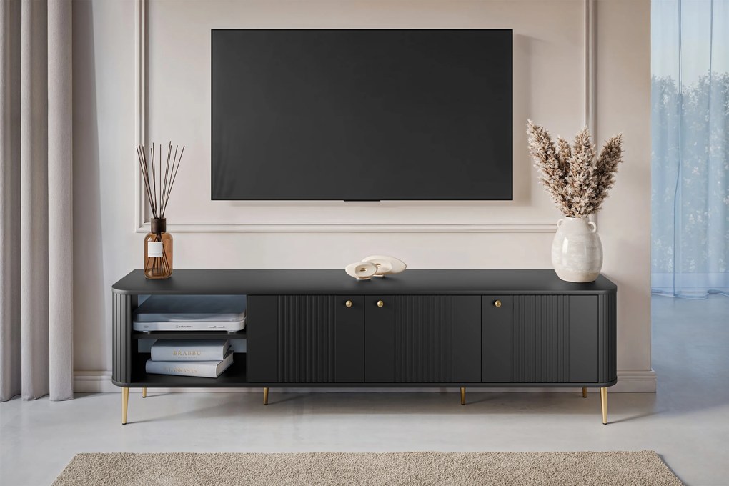 TV stolík Vespera 3D 187 cm - čierna / zlaté nožičky