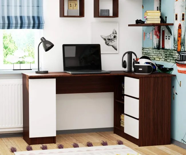 Rohový kancelársky stôl B20 CLP pravostranný, wenge/biely