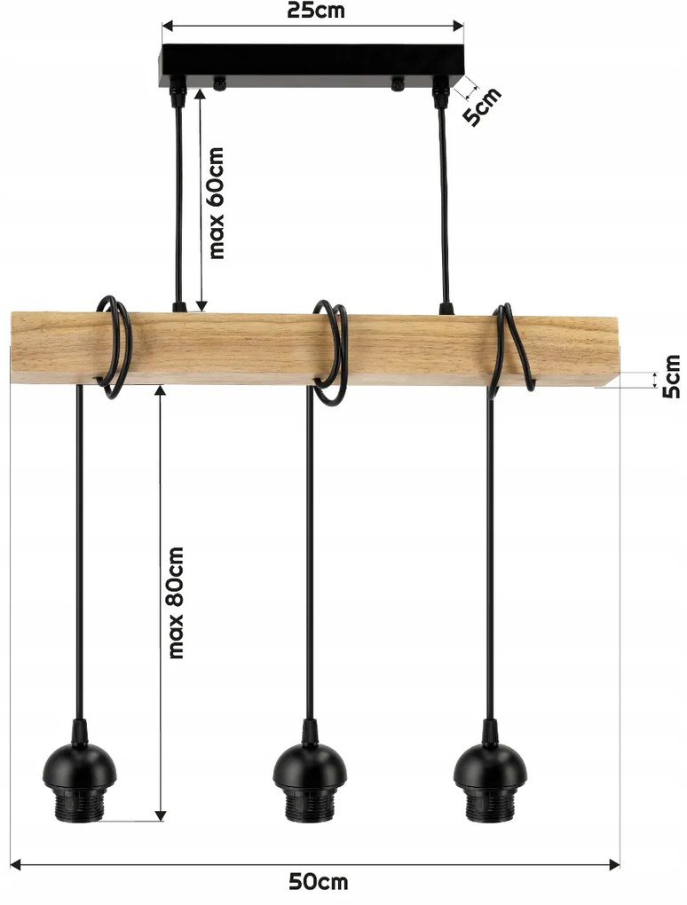 BERGE Závesné stropné svietidlo LED drevený trám 3xE27 Luster Wire ball