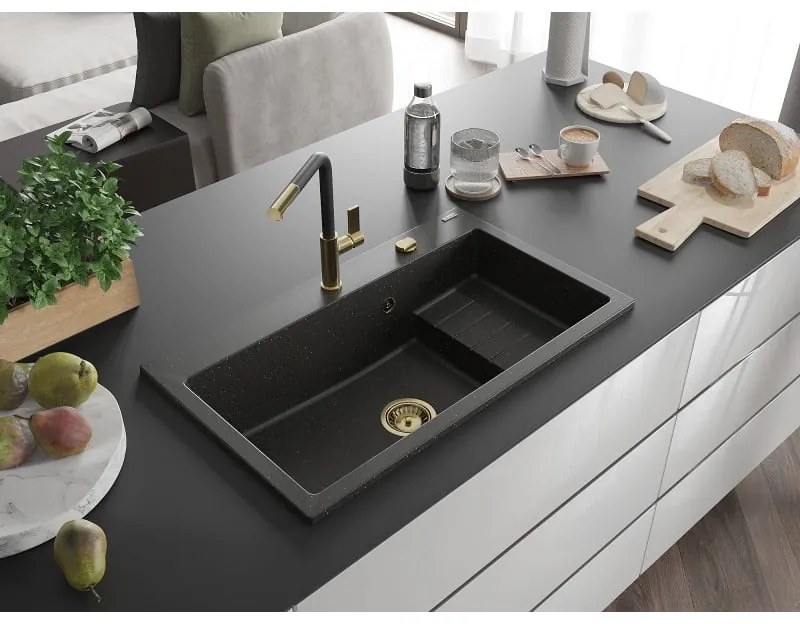 Mexen Omar, 1-komorový granitový drez 800x480x210 mm, čierna-zlatá metalíza, zlatý sifón, 6520801005-75-G