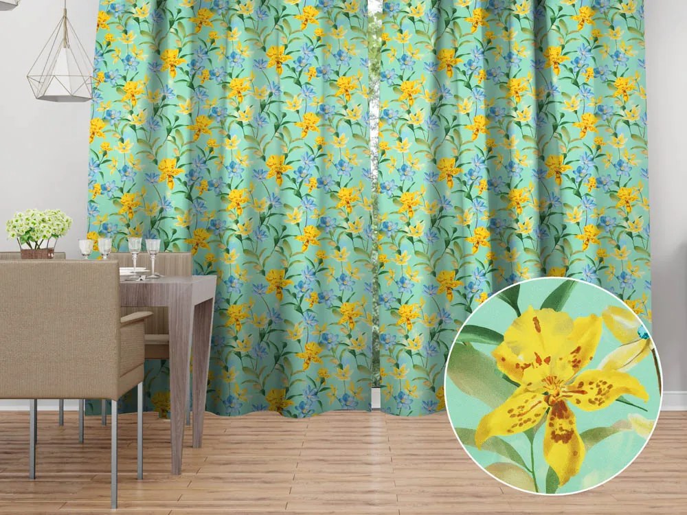 Biante Dekoračný záves TF-082 Žlto-modré ľalie na mintovom 140x260 cm