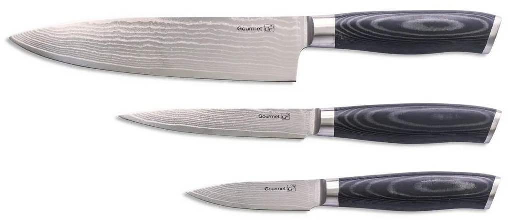 Súprava nožov G21 Gourmet Damascus v bambusovom bloku 3 ks + brúsny kameň
