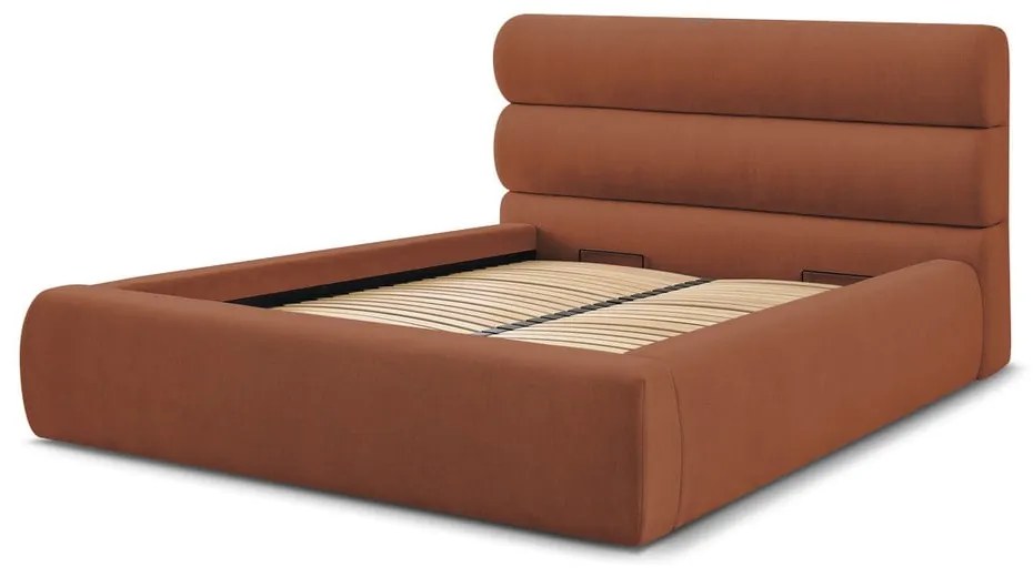 Oranžová čalúnená dvojlôžková posteľ s úložným priestorom s roštom 160x200 cm Jagna – Bobochic Paris