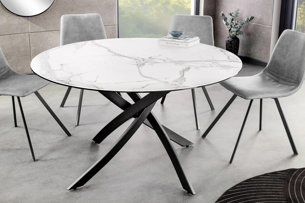 Jedálenský stôl ALPINE – okrúhly, keramická doska, biely 120 cm, výška 76 cm