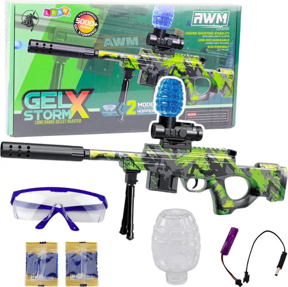LEAN Toys Puška AWM na vodné guľôčky hydrogél zelená okuliare 61 cm