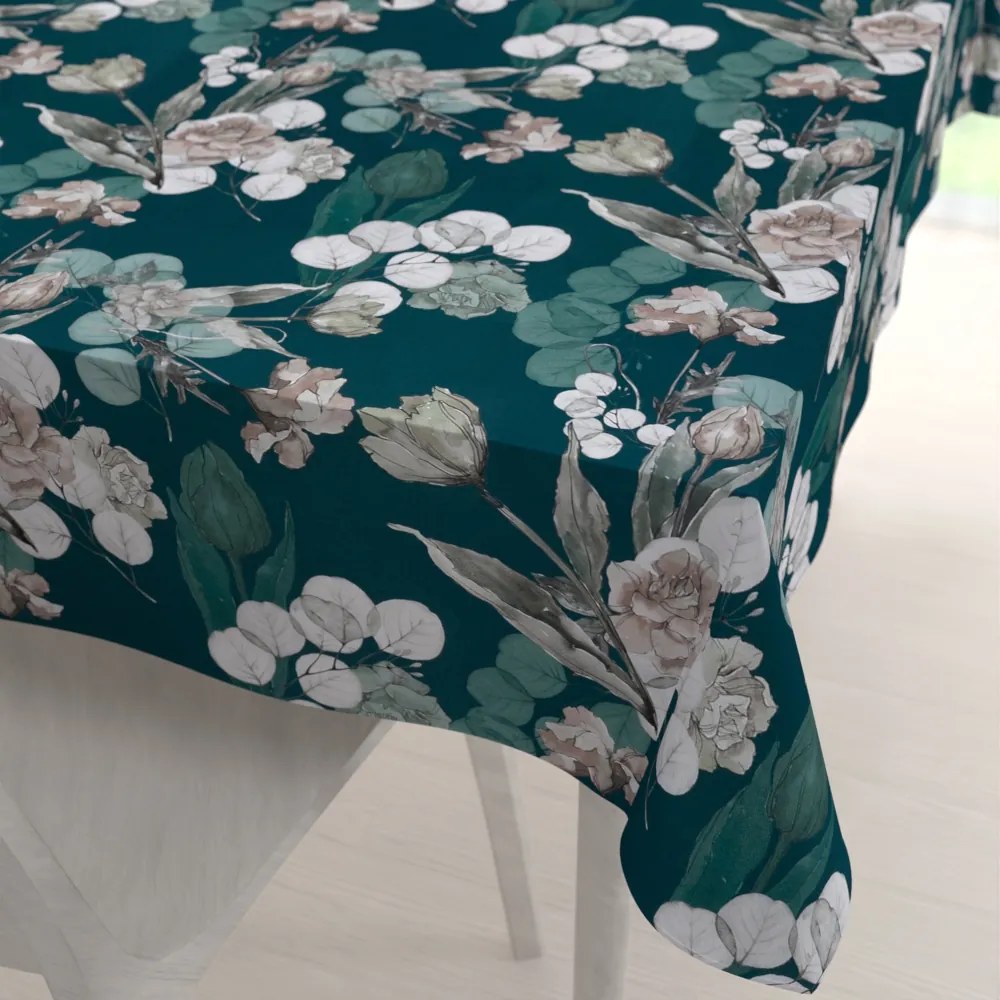 Biante Teflónový obdĺžnikový obrus TF-058 Kvety s eukalyptom na tmavo zelenom 140x160 cm