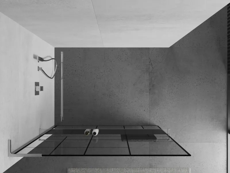 Mexen Kioto+ L, sprchová zástena Walk-In s poličkou a vešiakom 80 x 200 cm, 8mm číre sklo čierny vzor, chrómový profil, 800-080-123-01-78
