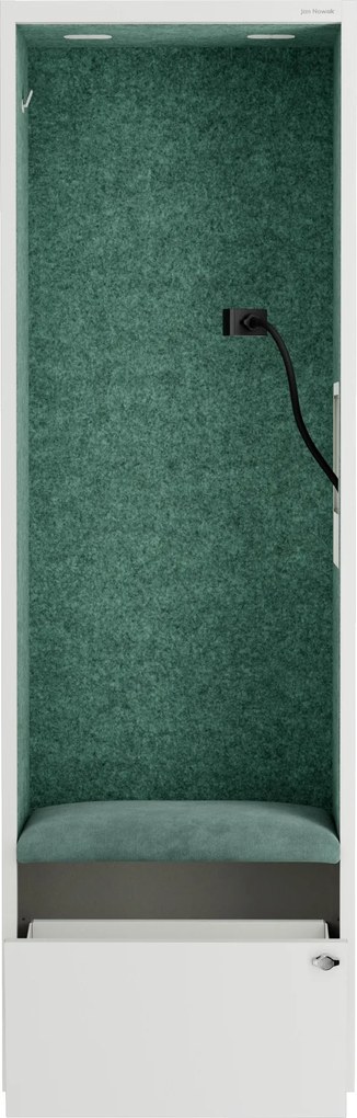 Kancelárska akustická kabína so sedadlom a portom USB-C, telo v Biely farbe / sedadlo v zelenej farbe, 600 mm: SALLY MentalBox