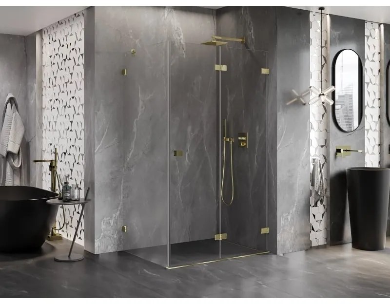 Mexen Lunar-F, 1-krídlový sprchový kút so skladacími dverami, pravý, 95 x 90 cm, 8mm číre sklo, zlatý lesklý profil, 836-095-090-50-00-P