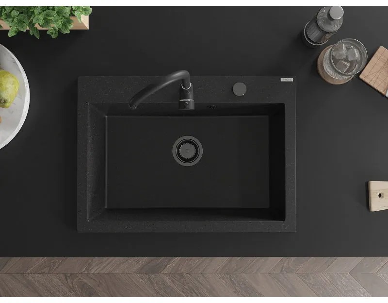Mexen Elix, 1-korový granitový drez 700 x 500 mm, čierna/strieborná metalíza, čierny sifón, 6526701005-73-B