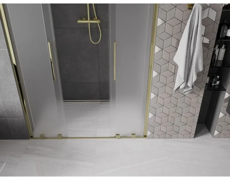 Mexen Velar Duo, posuvné sprchové dvere do otvoru 150 cm, 8mm sklo námraza, zlatá lesklá, 871-150-000-32-50
