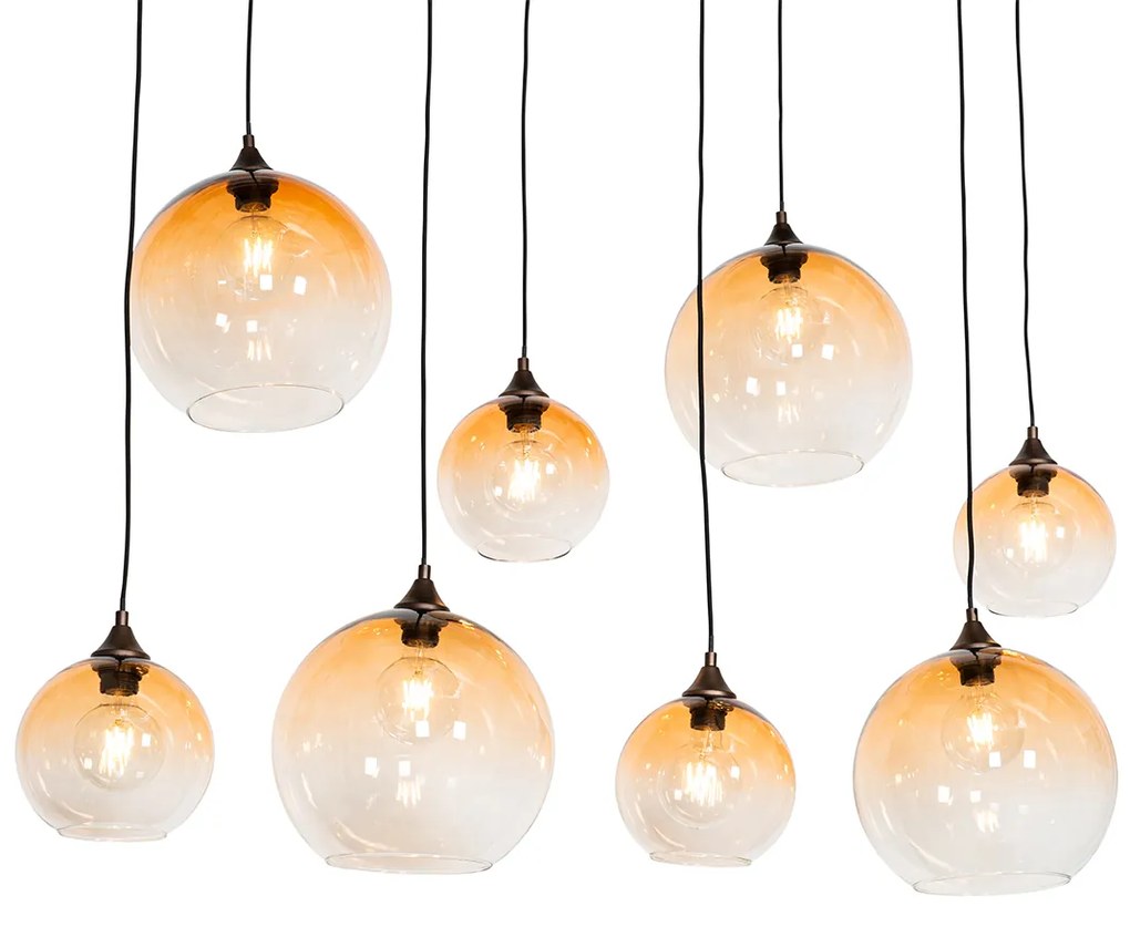 Art Deco závesné svietidlo tmavá bronz so sklom jantárovej farby 8-svetlo - Sandra