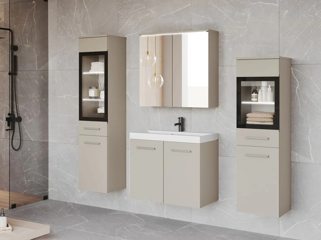 Kúpeľňový nábytok Apogon II, Farby: kašmírová béžová, Sifón: so sifónom, Osvetlenie: osvetlenie LED biele, Umývadlová batéria: nie