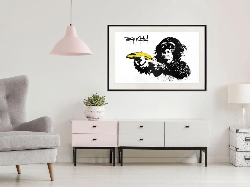 Artgeist Plagát - Banksy: Monkey with Banana [Poster] Veľkosť: 90x60, Verzia: Čierny rám s passe-partout